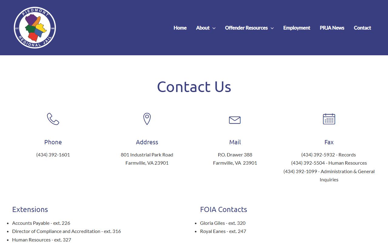 Piedmont Regional Jail contact page for Cumberland County inmate records