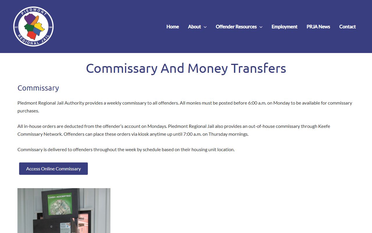 Piedmont Regional Jail commissary and money transfer information for Cumberland County inmates