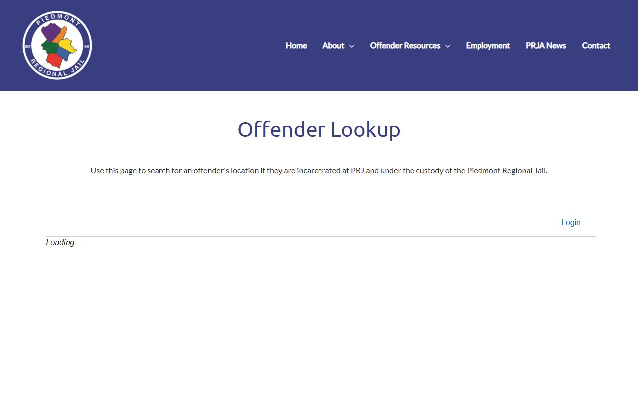 Cumberland County inmate search on the Piedmont Regional Jail offender lookup page