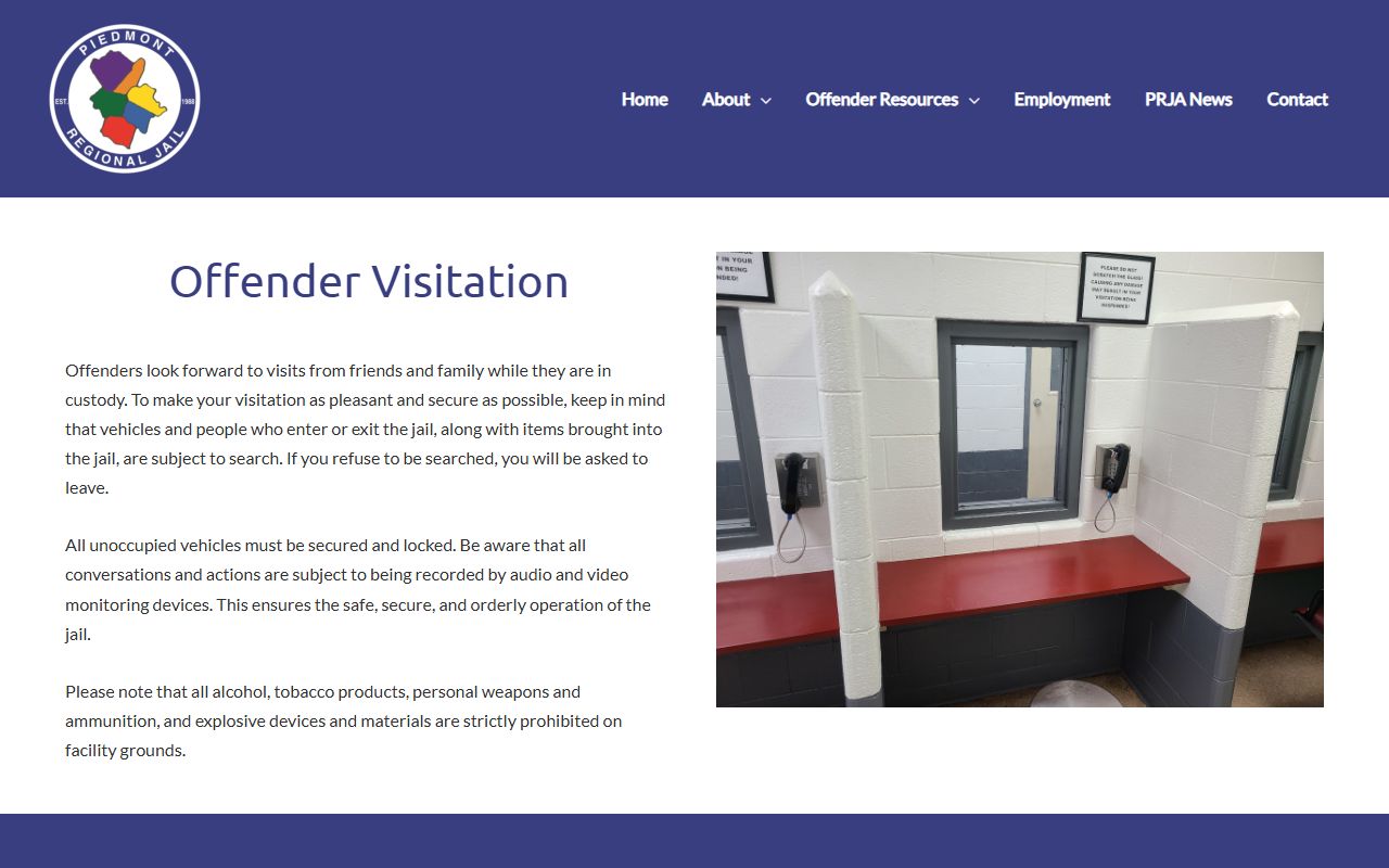 Cumberland County inmate records visitation schedule at Piedmont Regional Jail