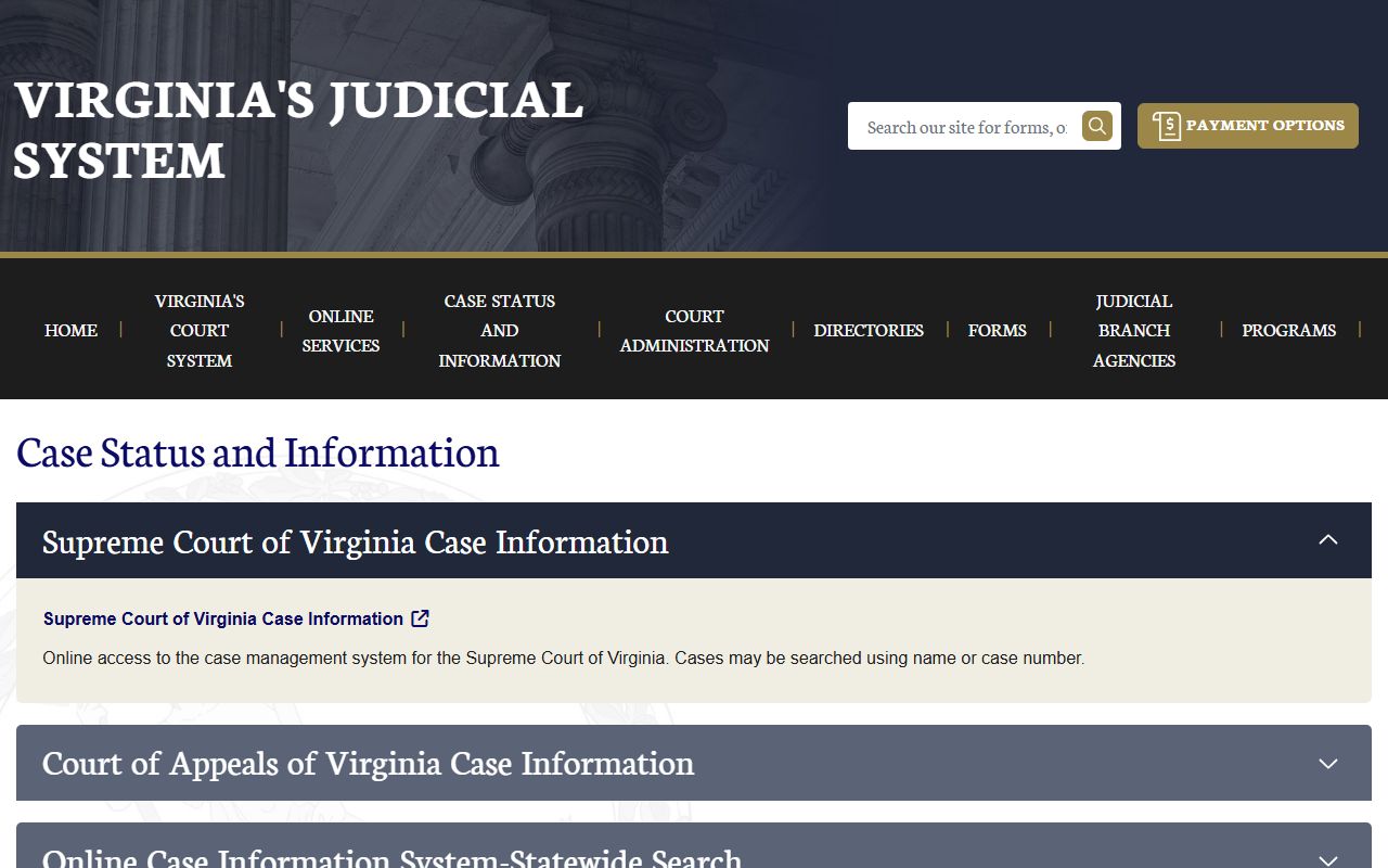 Virginia court case status systems page for criminal and traffic case lookup